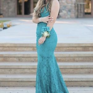 Sherri Hill Aqua Blue Lace Mermaid Prom Dress Gown - Size 00 XS - Open Back